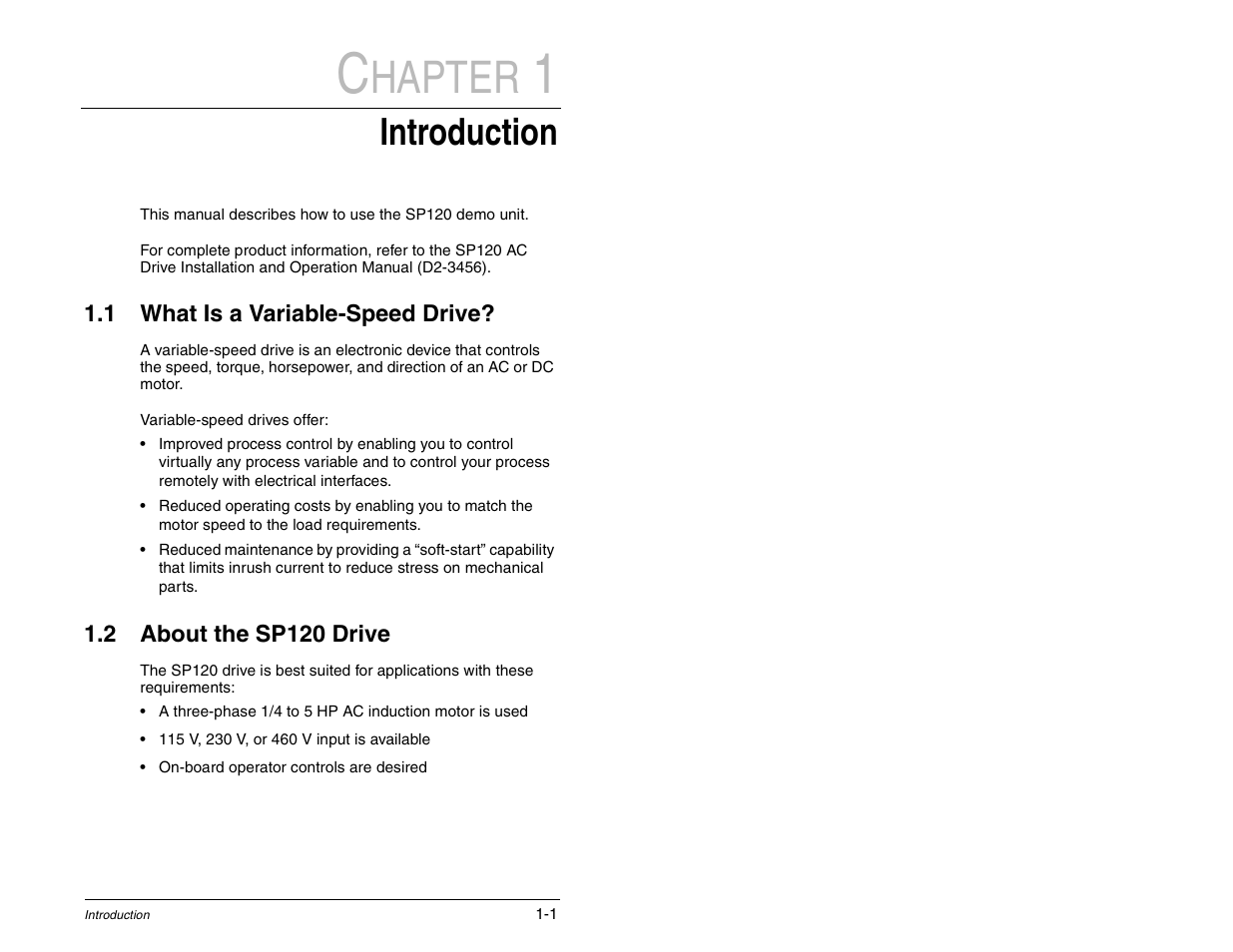 1 introduction, 1 what is a variable- speed drive, 2 about the sp120 drive | Hapter, Introduction | Rockwell Automation SP120 AC Drive Demo Unit User Manual | Page 5 / 20