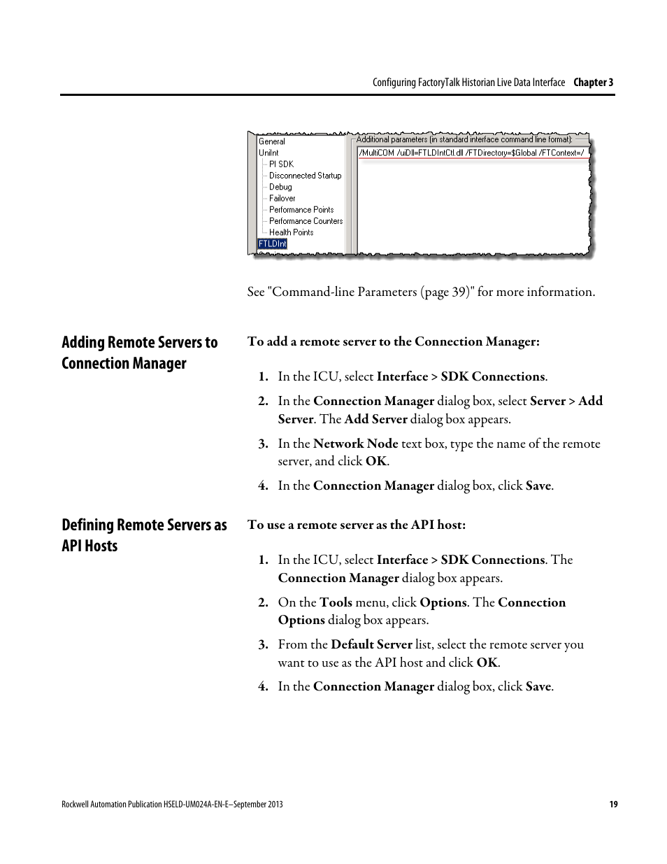 Adding remote servers to connection manager, Defining remote servers as api hosts | Rockwell Automation FactoryTalk Historian SE 4.0 Live Data Interface User Guide User Manual | Page 19 / 58