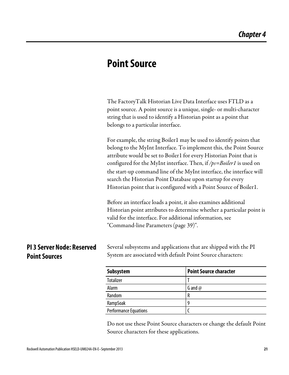 Point source, Pi 3 server node: reserved point sources, Chapter 4 | Rockwell Automation FactoryTalk Historian SE 4.0 Live Data Interface User Guide User Manual | Page 21 / 58