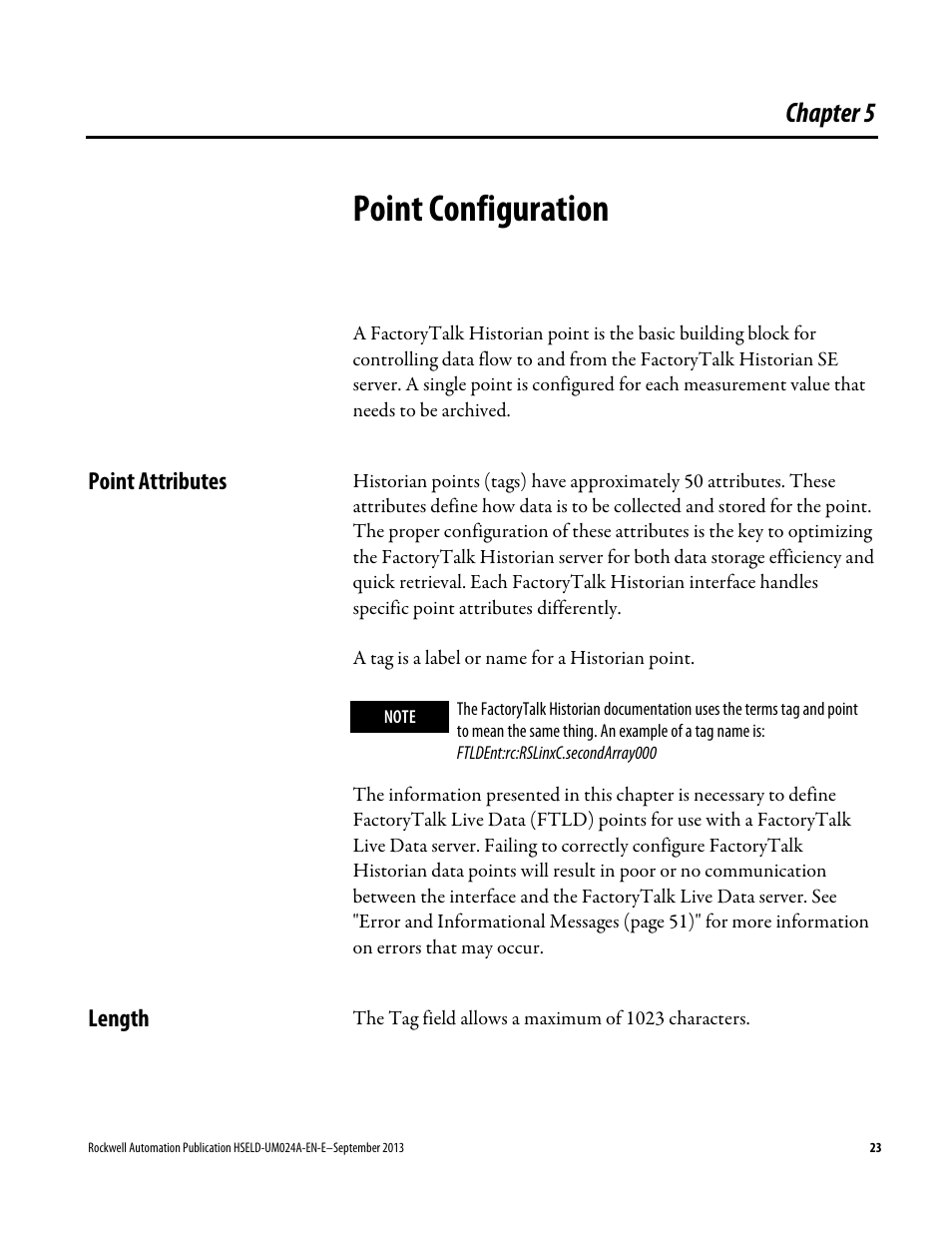 Point configuration, Point attributes, Length | Chapter 5, Point attributes length | Rockwell Automation FactoryTalk Historian SE 4.0 Live Data Interface User Guide User Manual | Page 23 / 58