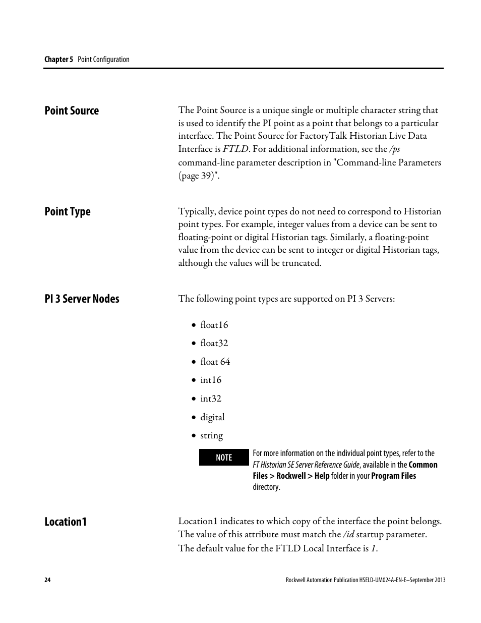Point source, Point type, Pi 3 server nodes | Location1 | Rockwell Automation FactoryTalk Historian SE 4.0 Live Data Interface User Guide User Manual | Page 24 / 58