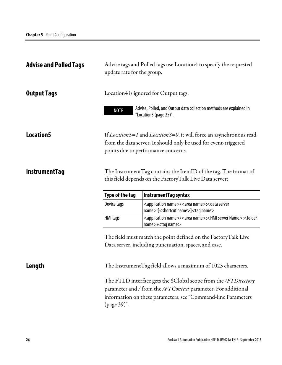 Advise and polled tags, Output tags, Location5 | Instrumenttag, Length, Length 26 | Rockwell Automation FactoryTalk Historian SE 4.0 Live Data Interface User Guide User Manual | Page 26 / 58