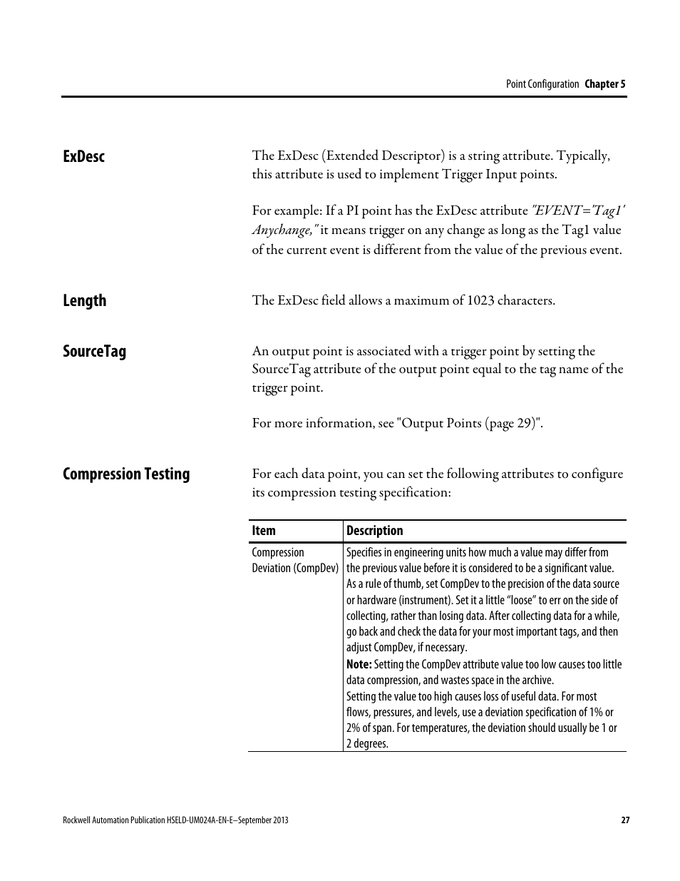 Exdesc, Length, Sourcetag | Compression testing, Length 27, Exdesc length sourcetag compression testing | Rockwell Automation FactoryTalk Historian SE 4.0 Live Data Interface User Guide User Manual | Page 27 / 58