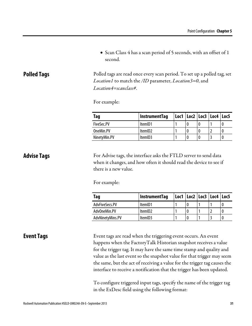 Polled tags, Advise tags, Event tags | Polled tags advise tags event tags | Rockwell Automation FactoryTalk Historian SE 4.0 Live Data Interface User Guide User Manual | Page 31 / 58