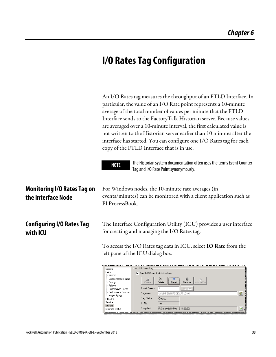 I/o rates tag configuration, Monitoring i/o rates tag on the interface node, Configuring i/o rates tag with icu | Chapter 6 | Rockwell Automation FactoryTalk Historian SE 4.0 Live Data Interface User Guide User Manual | Page 33 / 58