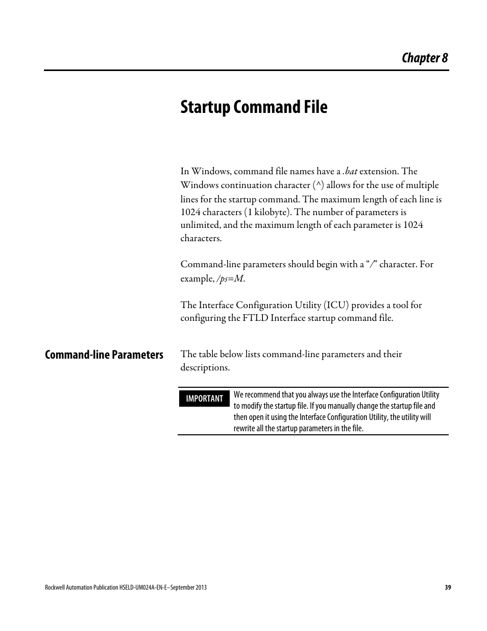 Startup command file, Command-line parameters, Chapter 8 | Rockwell Automation FactoryTalk Historian SE 4.0 Live Data Interface User Guide User Manual | Page 39 / 58