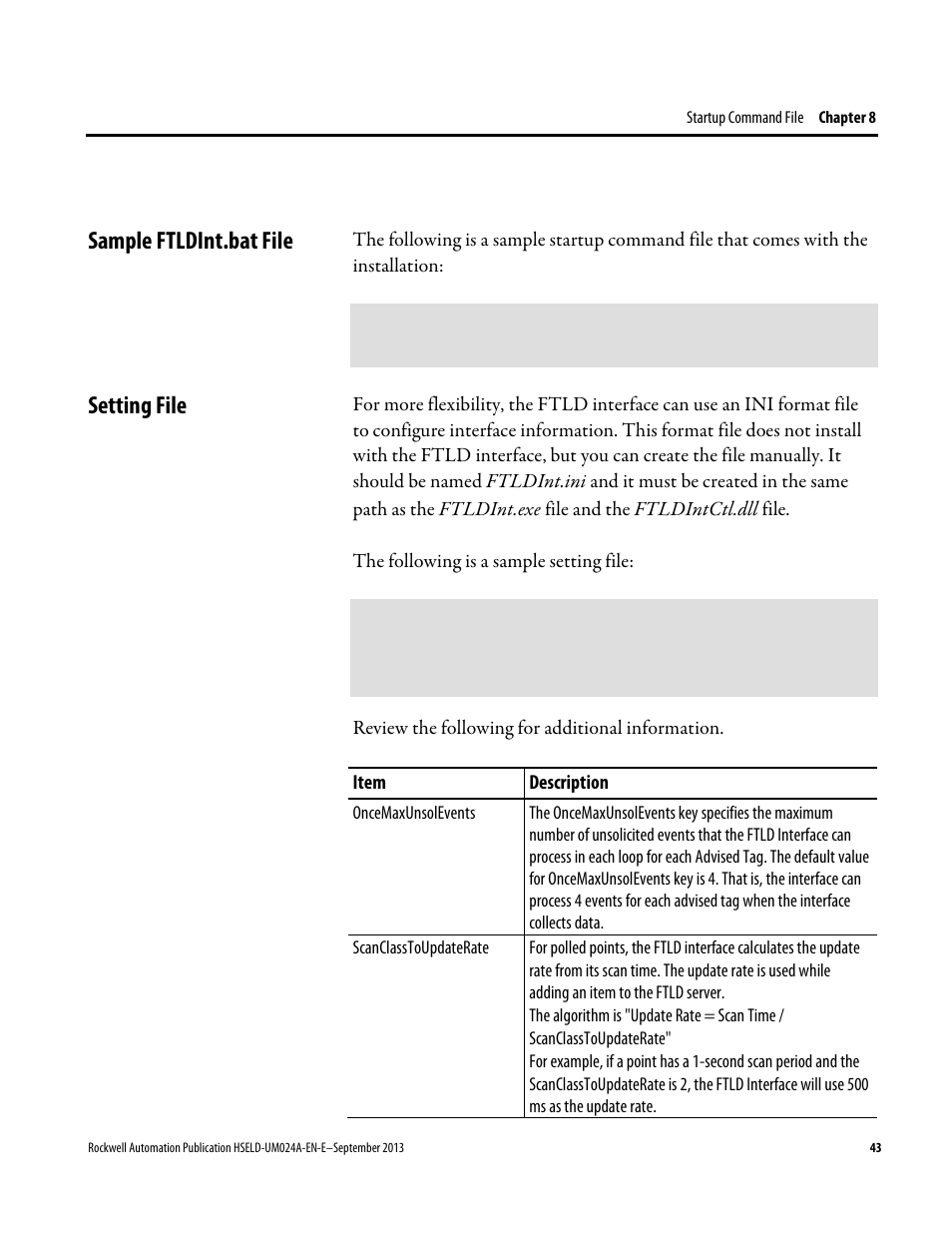 Sample ftldint.bat file, Setting file, Sample ftldint.bat file setting file | Rockwell Automation FactoryTalk Historian SE 4.0 Live Data Interface User Guide User Manual | Page 43 / 58