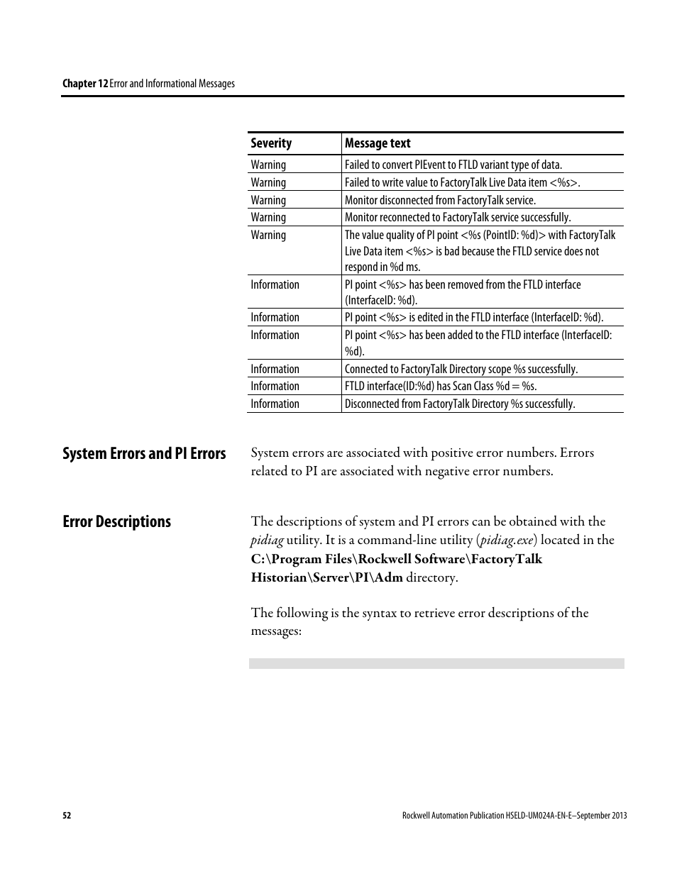 System errors and pi errors, Error descriptions, System errors and pi errors error descriptions | Rockwell Automation FactoryTalk Historian SE 4.0 Live Data Interface User Guide User Manual | Page 52 / 58