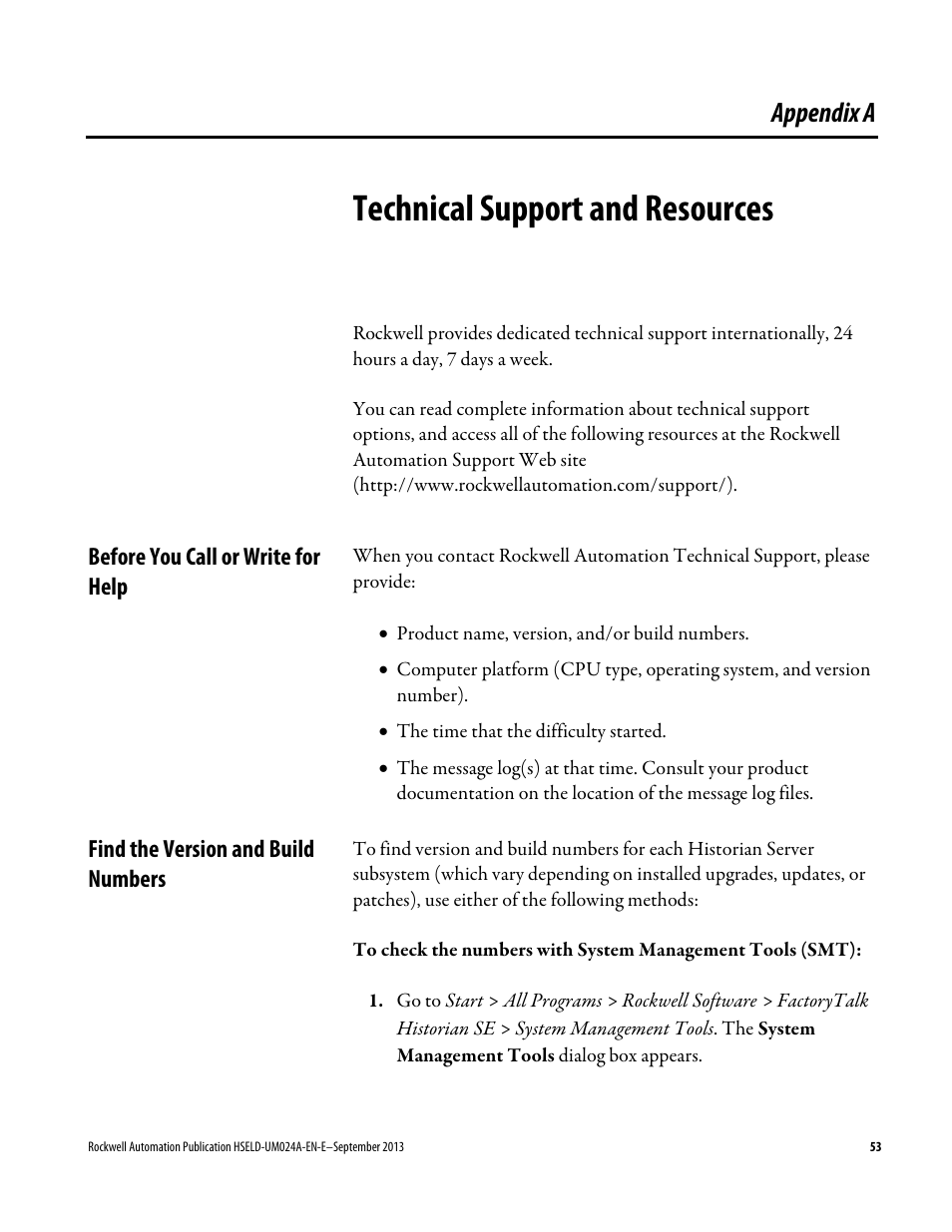 Technical support and resources, Before you call or write for help, Find the version and build numbers | Appendix a, Technical support and, Resources | Rockwell Automation FactoryTalk Historian SE 4.0 Live Data Interface User Guide User Manual | Page 53 / 58