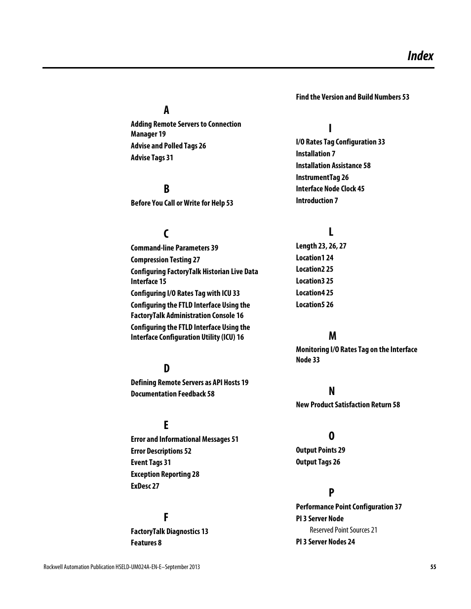Index | Rockwell Automation FactoryTalk Historian SE 4.0 Live Data Interface User Guide User Manual | Page 55 / 58