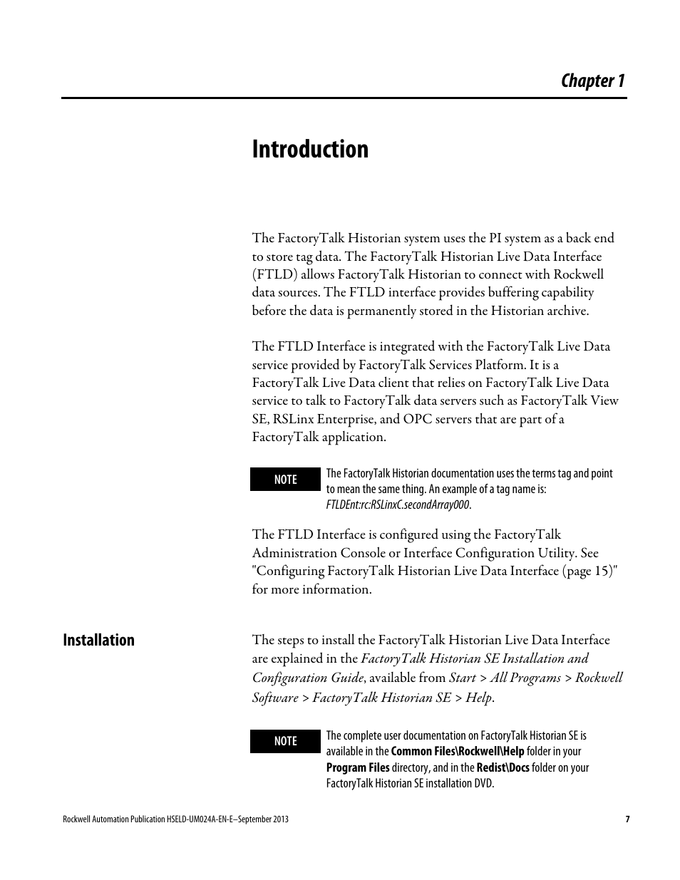 Introduction, Installation, Chapter 1 | Rockwell Automation FactoryTalk Historian SE 4.0 Live Data Interface User Guide User Manual | Page 7 / 58