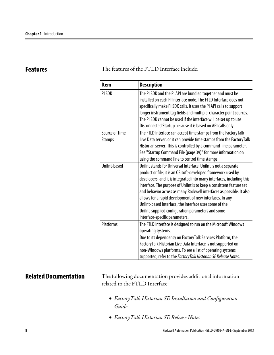 Features, Related documentation, Features related documentation | Rockwell Automation FactoryTalk Historian SE 4.0 Live Data Interface User Guide User Manual | Page 8 / 58