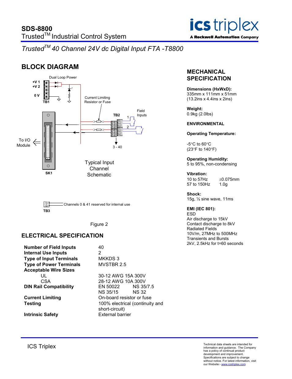 Block diagram, Electrical specification, Sds-8800 trusted | Industrial control system trusted, Ics triplex, Mechanical specification | Rockwell Automation T8800 Trusted 40 Channel 24Vdc Digital Input FTA User Manual | Page 2 / 2