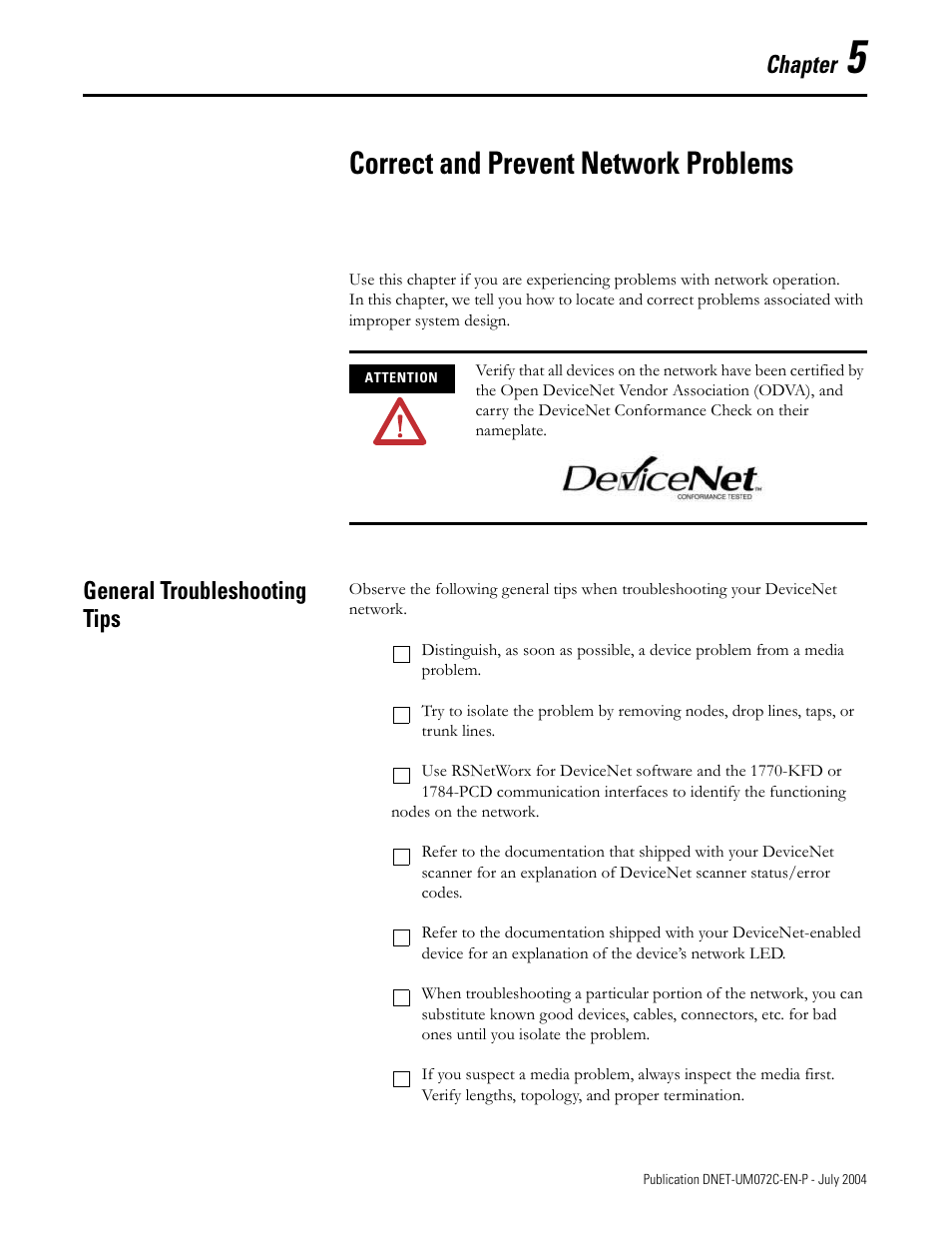 Correct and prevent network problems, Chapter, General troubleshooting tips | Rockwell Automation DeviceNet Media Design Installation Guide User Manual | Page 105 / 130