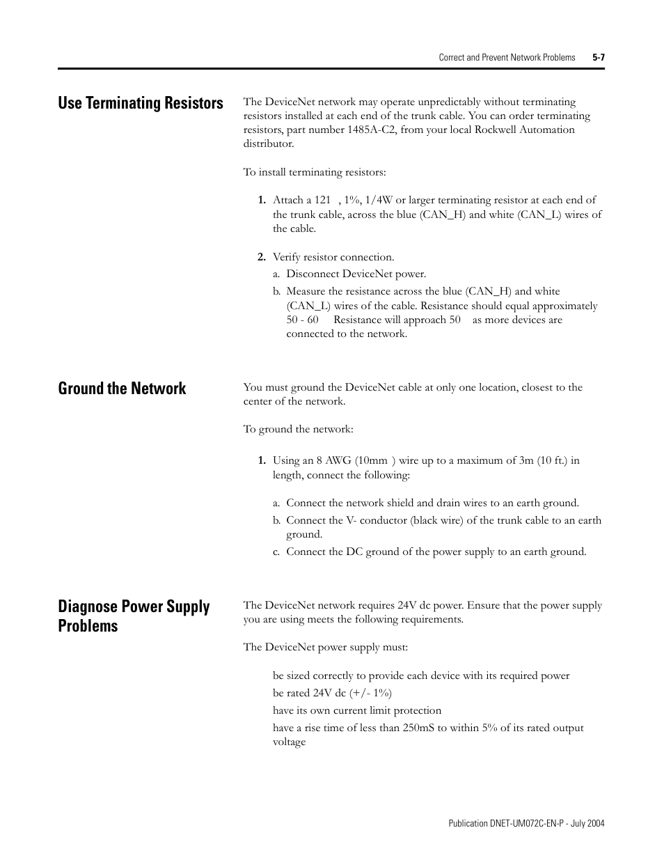 Use terminating resistors, Ground the network, Diagnose power supply problems | Rockwell Automation DeviceNet Media Design Installation Guide User Manual | Page 111 / 130