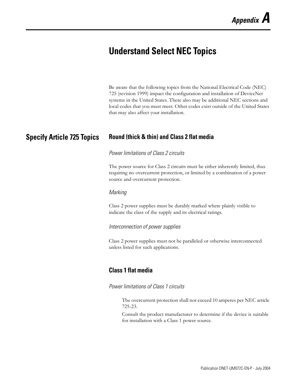 Understand select nec topics, Appendix, Specify article 725 topics | Rockwell Automation DeviceNet Media Design Installation Guide User Manual | Page 115 / 130