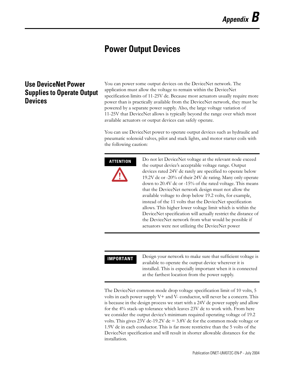 Power output devices, Appendix | Rockwell Automation DeviceNet Media Design Installation Guide User Manual | Page 117 / 130
