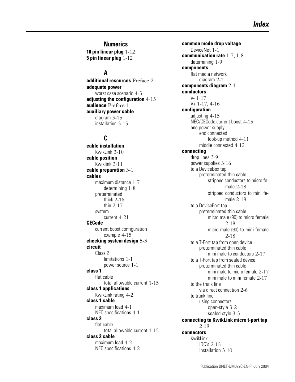 Index, Numerics | Rockwell Automation DeviceNet Media Design Installation Guide User Manual | Page 119 / 130