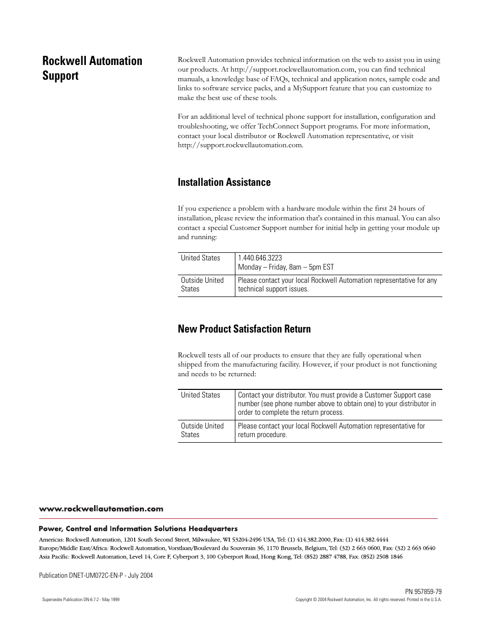 Rockwell automation support, Installation assistance, New product satisfaction return | Rockwell Automation DeviceNet Media Design Installation Guide User Manual | Page 130 / 130