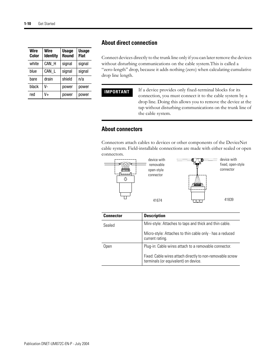 About direct connection, About connectors | Rockwell Automation DeviceNet Media Design Installation Guide User Manual | Page 20 / 130