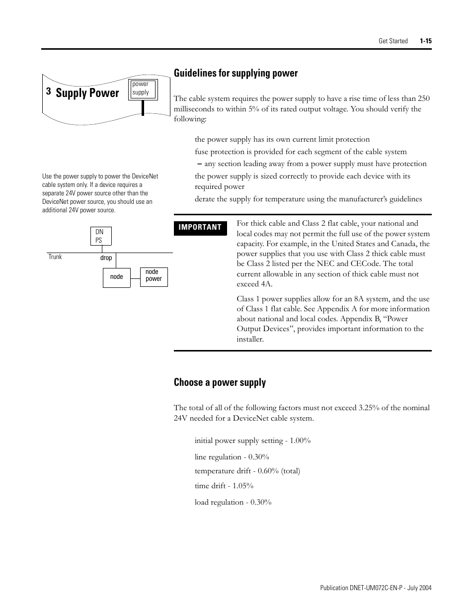 Supply power, Guidelines for supplying power, Choose a power supply | Rockwell Automation DeviceNet Media Design Installation Guide User Manual | Page 25 / 130