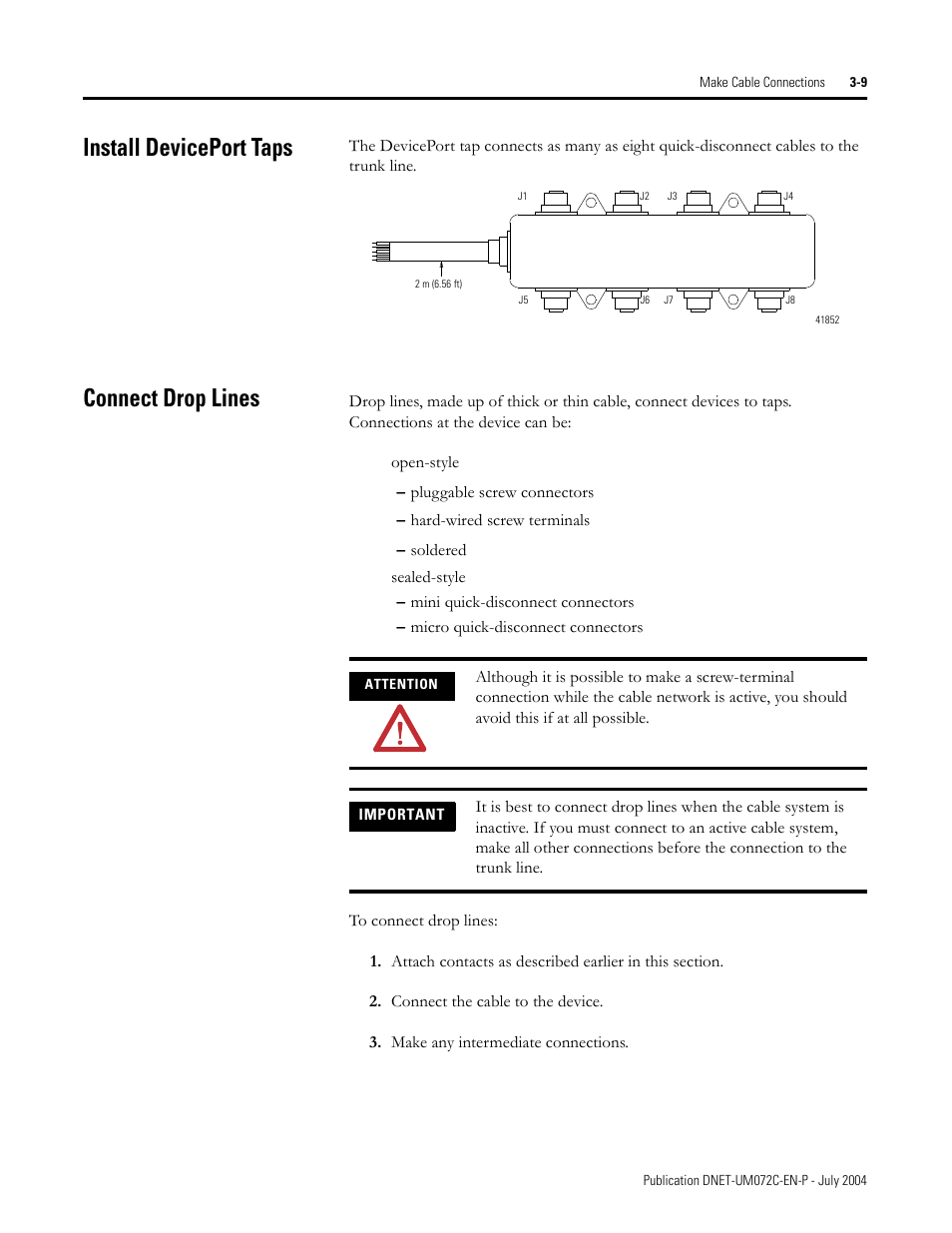 Install deviceport taps, Connect drop lines | Rockwell Automation DeviceNet Media Design Installation Guide User Manual | Page 69 / 130