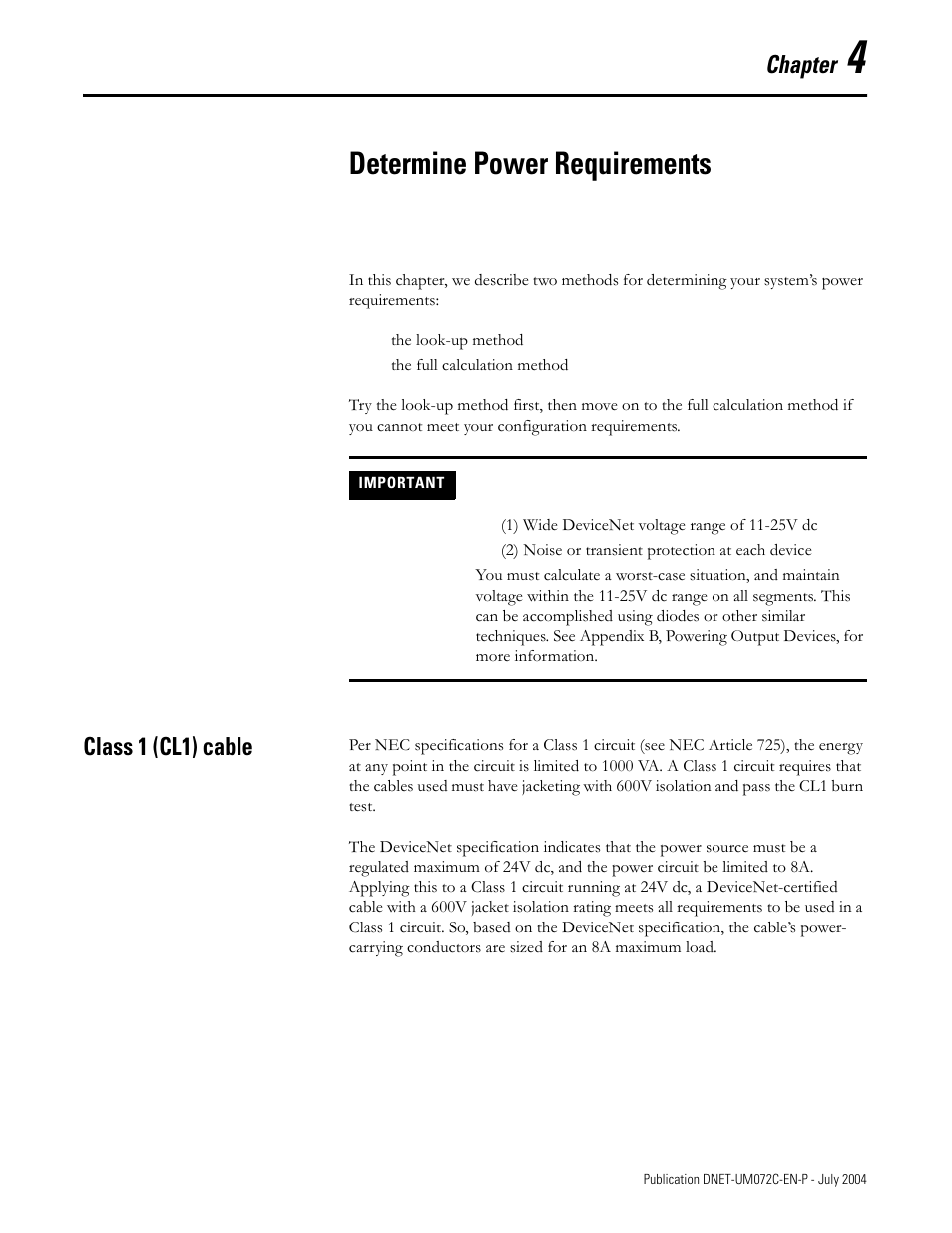 Determine power requirements, Chapter, Class 1 (cl1) cable | Rockwell Automation DeviceNet Media Design Installation Guide User Manual | Page 79 / 130