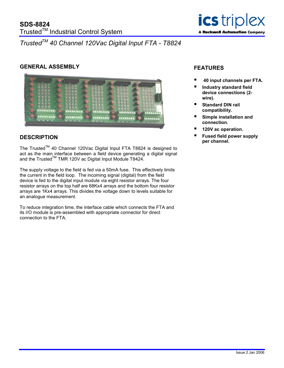 Rockwell Automation T8824 Trusted 40 Channel 120Vac Digital Input FTA User Manual | 2 pages