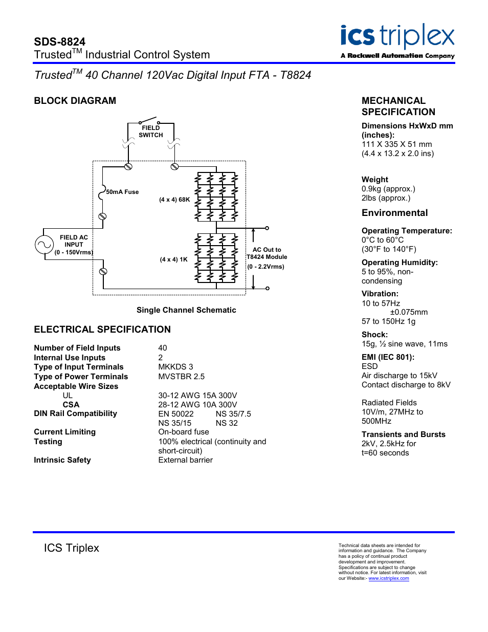 Block diagram, Single channel schematic, Electrical specification | Sds-8824 trusted, Industrial control system trusted, Ics triplex | Rockwell Automation T8824 Trusted 40 Channel 120Vac Digital Input FTA User Manual | Page 2 / 2