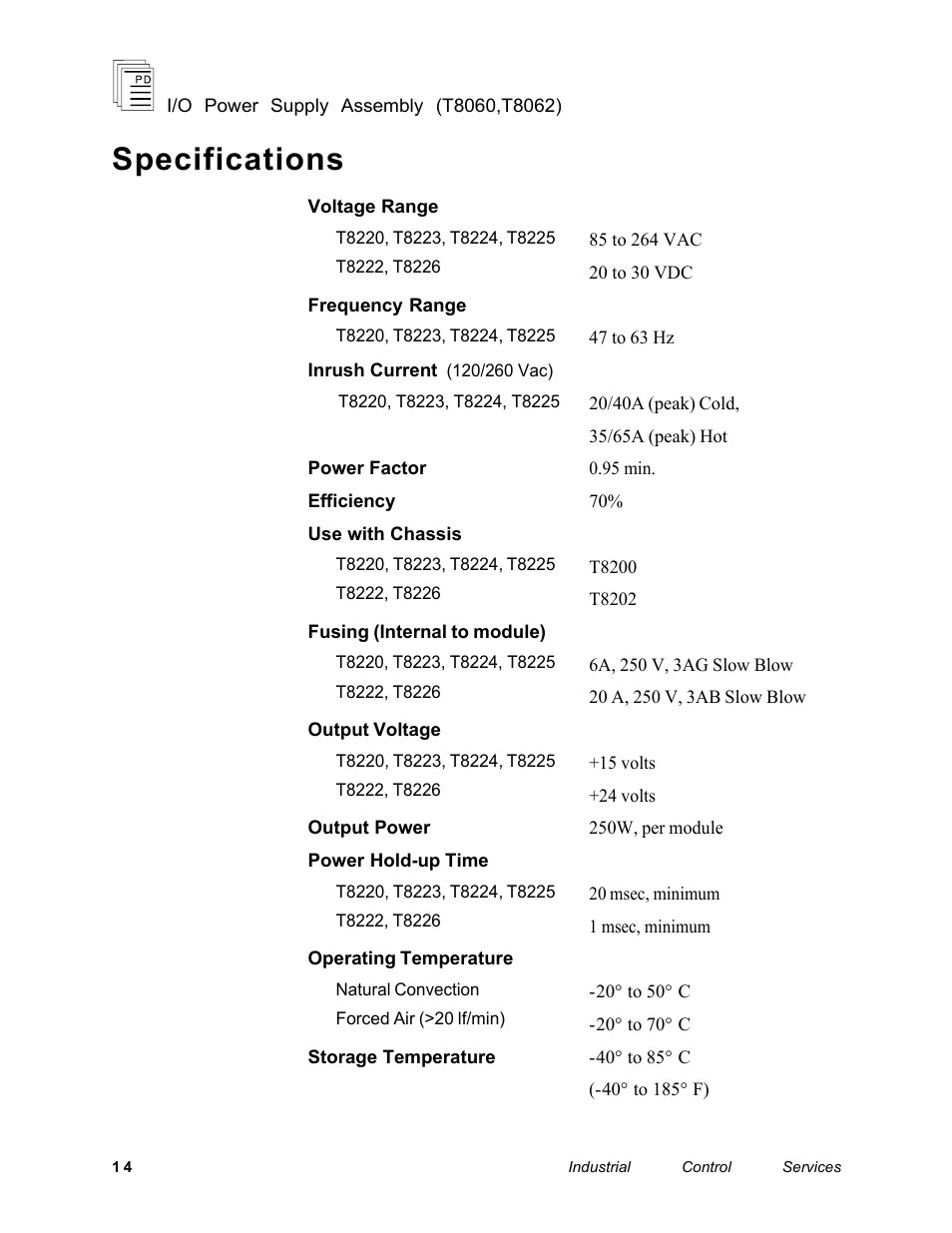 Specifications | Rockwell Automation T8062 ICS Regent+Plus High Integrity Power Supply Assembly User Manual | Page 14 / 16
