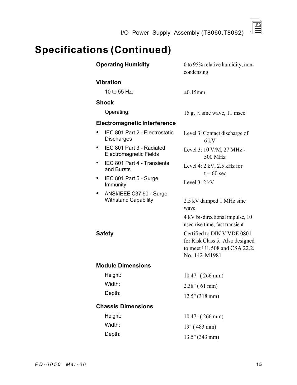 Specifications (continued) | Rockwell Automation T8062 ICS Regent+Plus High Integrity Power Supply Assembly User Manual | Page 15 / 16