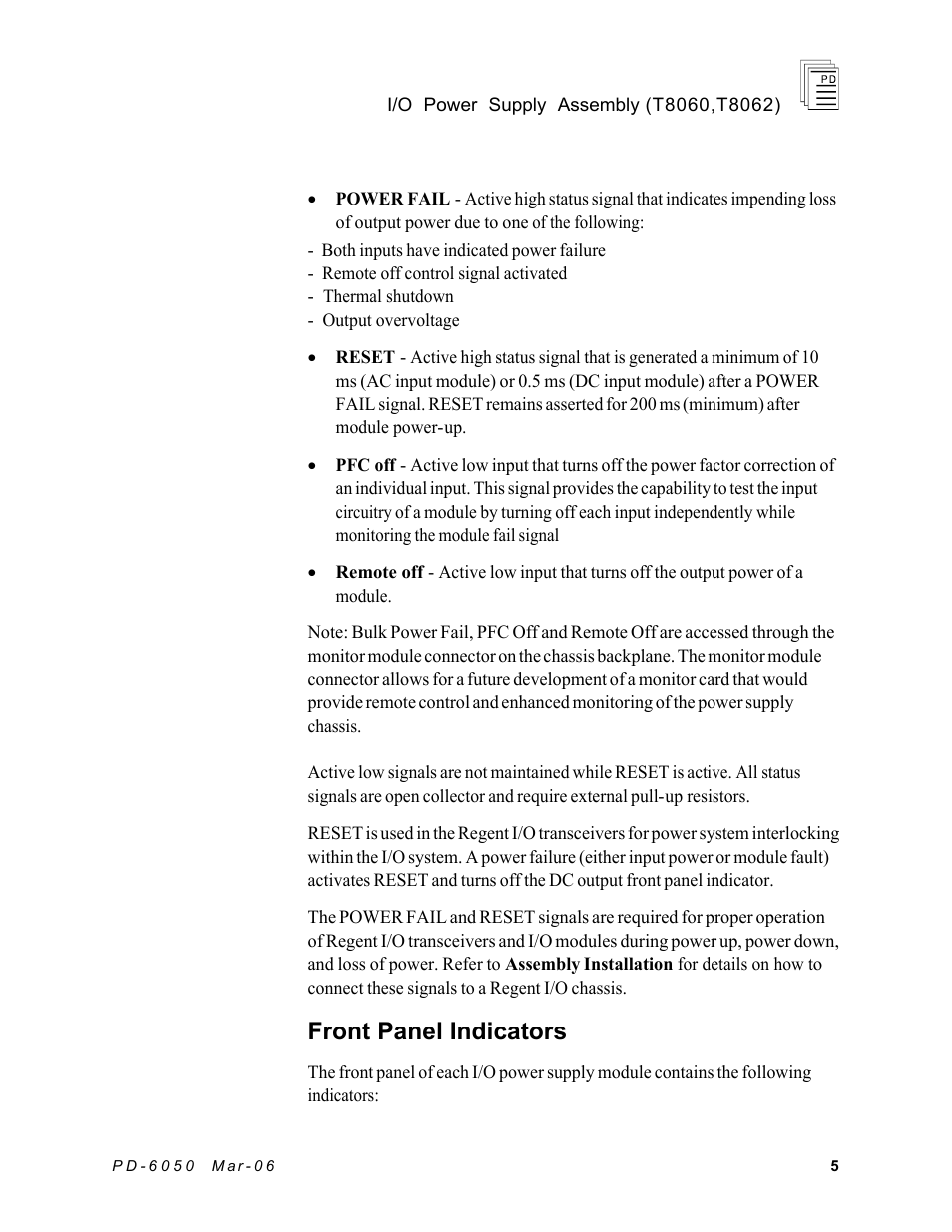 Front panel indicators | Rockwell Automation T8062 ICS Regent+Plus High Integrity Power Supply Assembly User Manual | Page 5 / 16