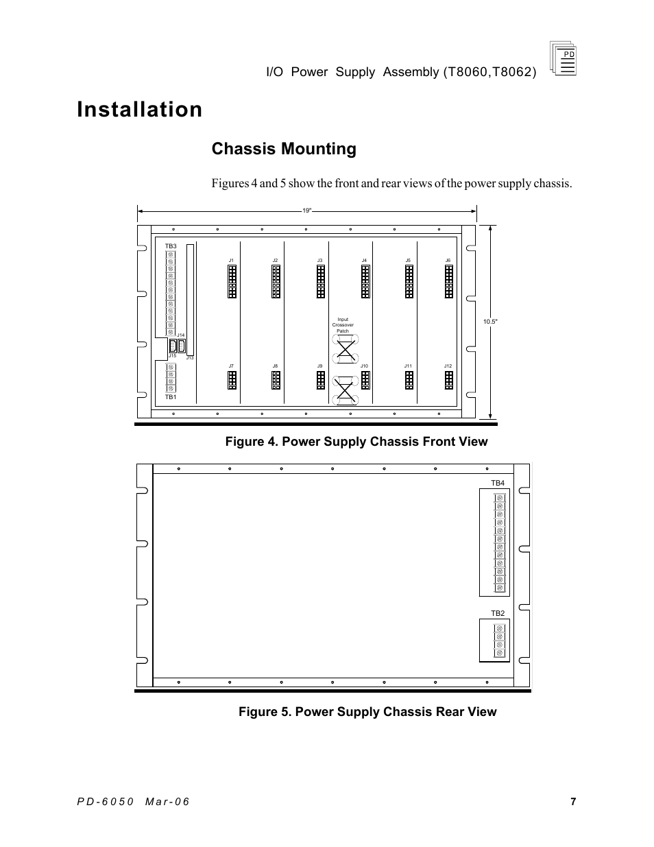 Installation, Chassis mounting, Figure 4. power supply chassis front view | Figure 5. power supply chassis rear view | Rockwell Automation T8062 ICS Regent+Plus High Integrity Power Supply Assembly User Manual | Page 7 / 16