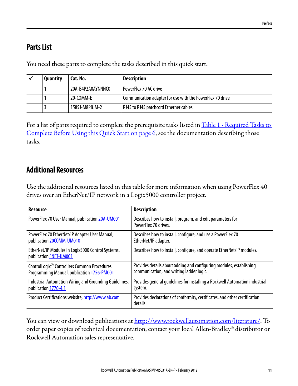 Parts list, Additional resources, Parts list additional resources | Rockwell Automation Logix5000 Control Systems: Connect PowerFlex 70 Drives over EtherNet/IP Quick Start User Manual | Page 11 / 40