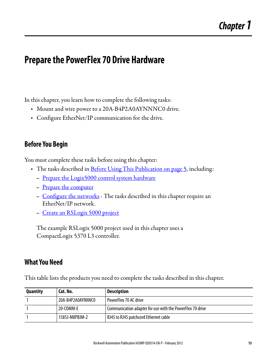 1 - prepare the powerflex 70 drive hardware, Before you begin, What you need | Chapter 1, Prepare the powerflex 70 drive hardware, Before you begin what you need, Prepare the powerflex 70, Drive hardware, Chapter | Rockwell Automation Logix5000 Control Systems: Connect PowerFlex 70 Drives over EtherNet/IP Quick Start User Manual | Page 13 / 40