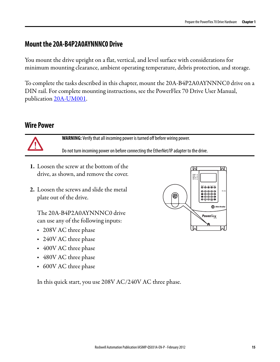 Mount the 20a-b4p2a0aynnnc0 drive, Wire power, Mount the 20a-b4p2a0aynnnc0 drive wire power | Mount the 20a, B4p2a0aynnnc0, Drive | Rockwell Automation Logix5000 Control Systems: Connect PowerFlex 70 Drives over EtherNet/IP Quick Start User Manual | Page 15 / 40