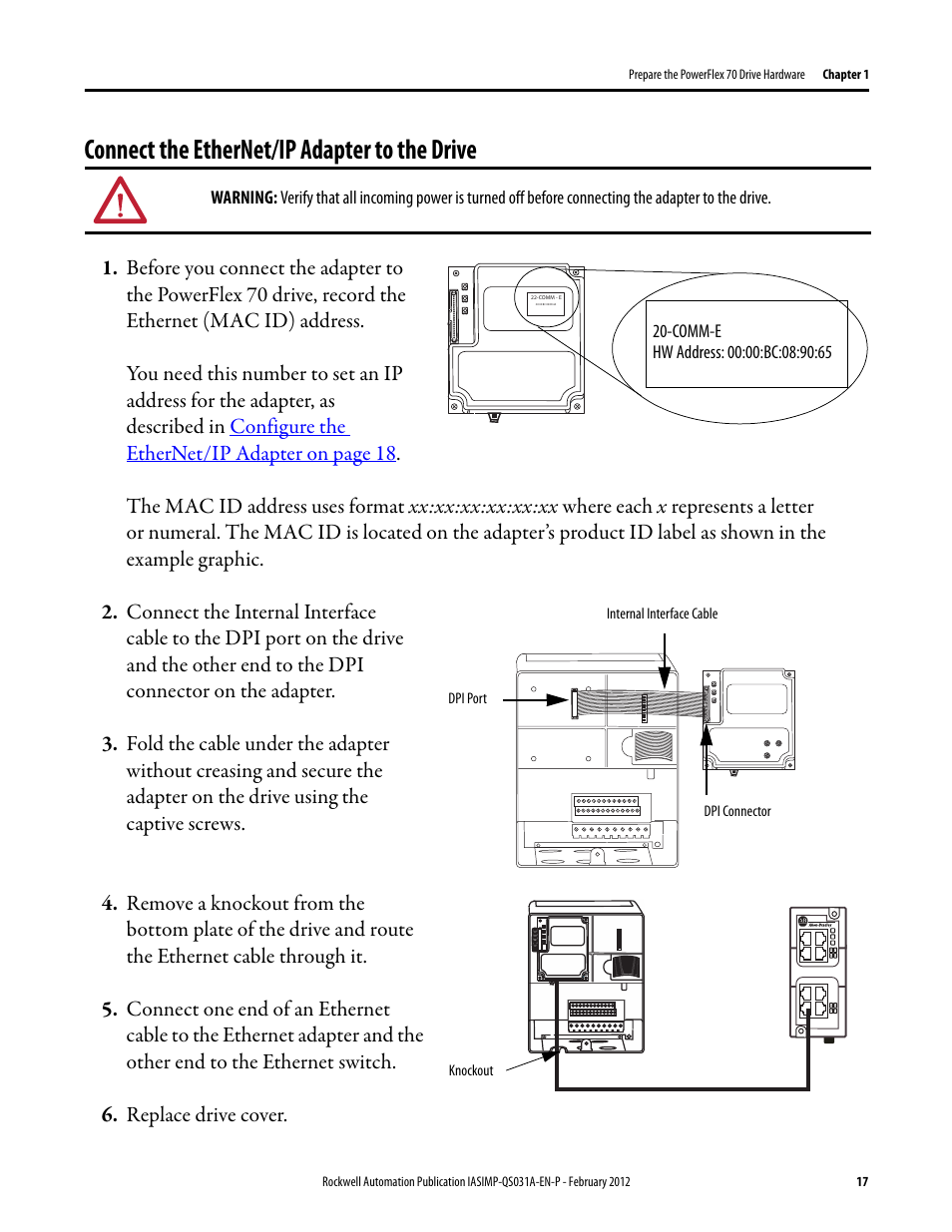 Connect the ethernet/ip adapter to the drive, Connect the ethernet/ip, Adapter to the drive | Rockwell Automation Logix5000 Control Systems: Connect PowerFlex 70 Drives over EtherNet/IP Quick Start User Manual | Page 17 / 40