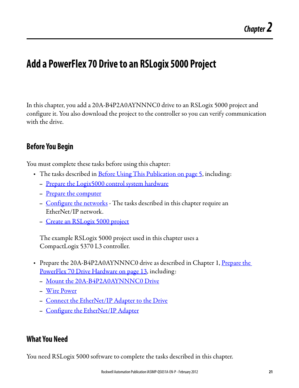 Before you begin, What you need, Chapter 2 | Before you begin what you need, You m, Add a powerflex 70 drive to, An rslogix 5000 project, Chapter | Rockwell Automation Logix5000 Control Systems: Connect PowerFlex 70 Drives over EtherNet/IP Quick Start User Manual | Page 21 / 40