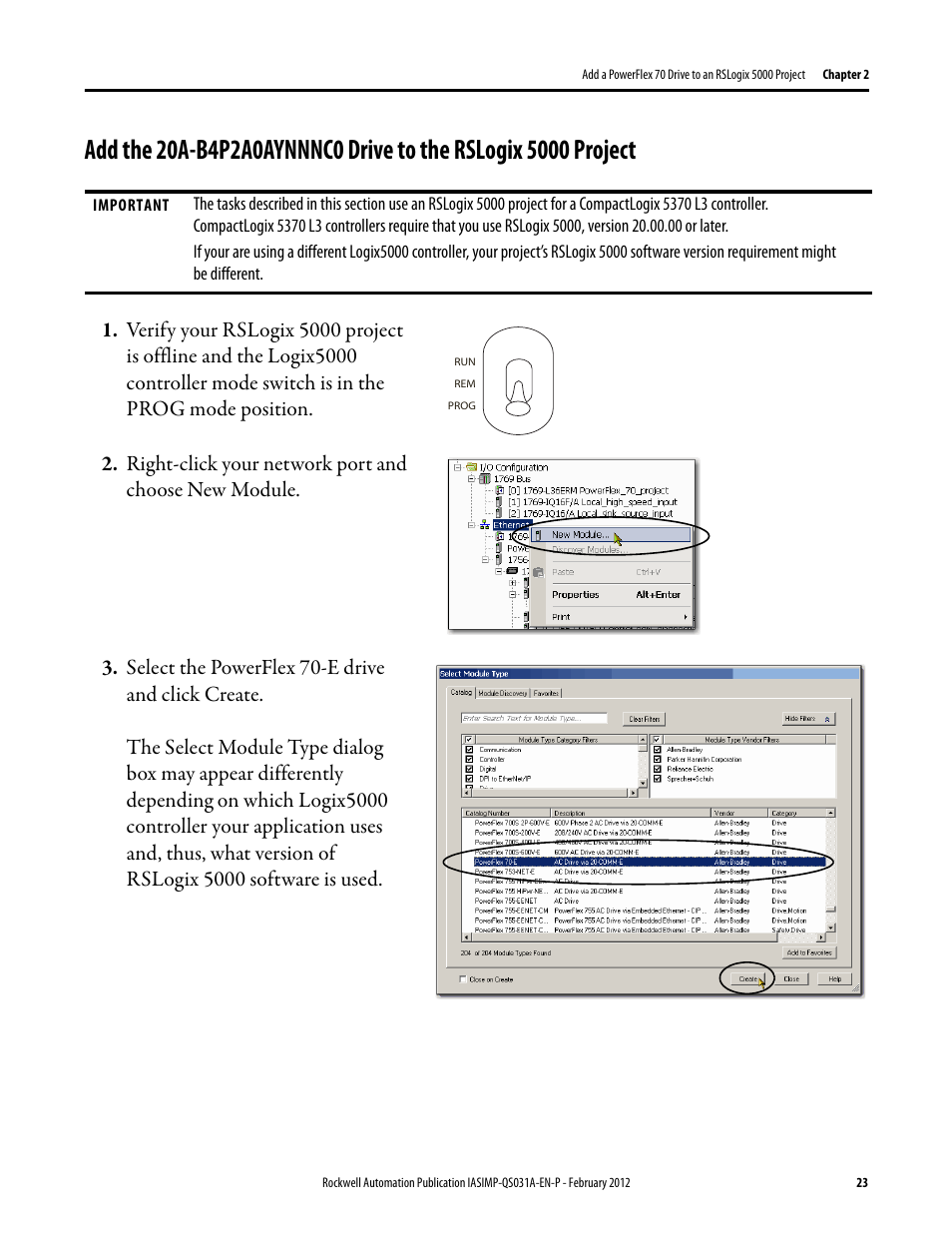 Add the 20a, B4p2a0aynnnc0 drive, To the rslogix 5000 | Project | Rockwell Automation Logix5000 Control Systems: Connect PowerFlex 70 Drives over EtherNet/IP Quick Start User Manual | Page 23 / 40