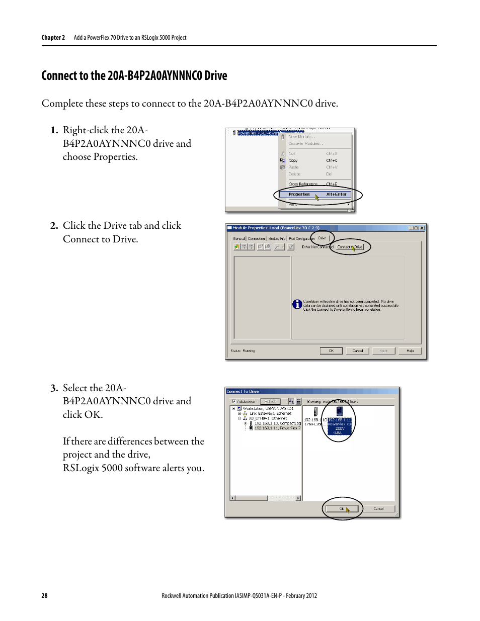 Connect to the 20a-b4p2a0aynnnc0 drive, Connect to the 20a, B4p2a0aynnnc0 drive | Rockwell Automation Logix5000 Control Systems: Connect PowerFlex 70 Drives over EtherNet/IP Quick Start User Manual | Page 28 / 40