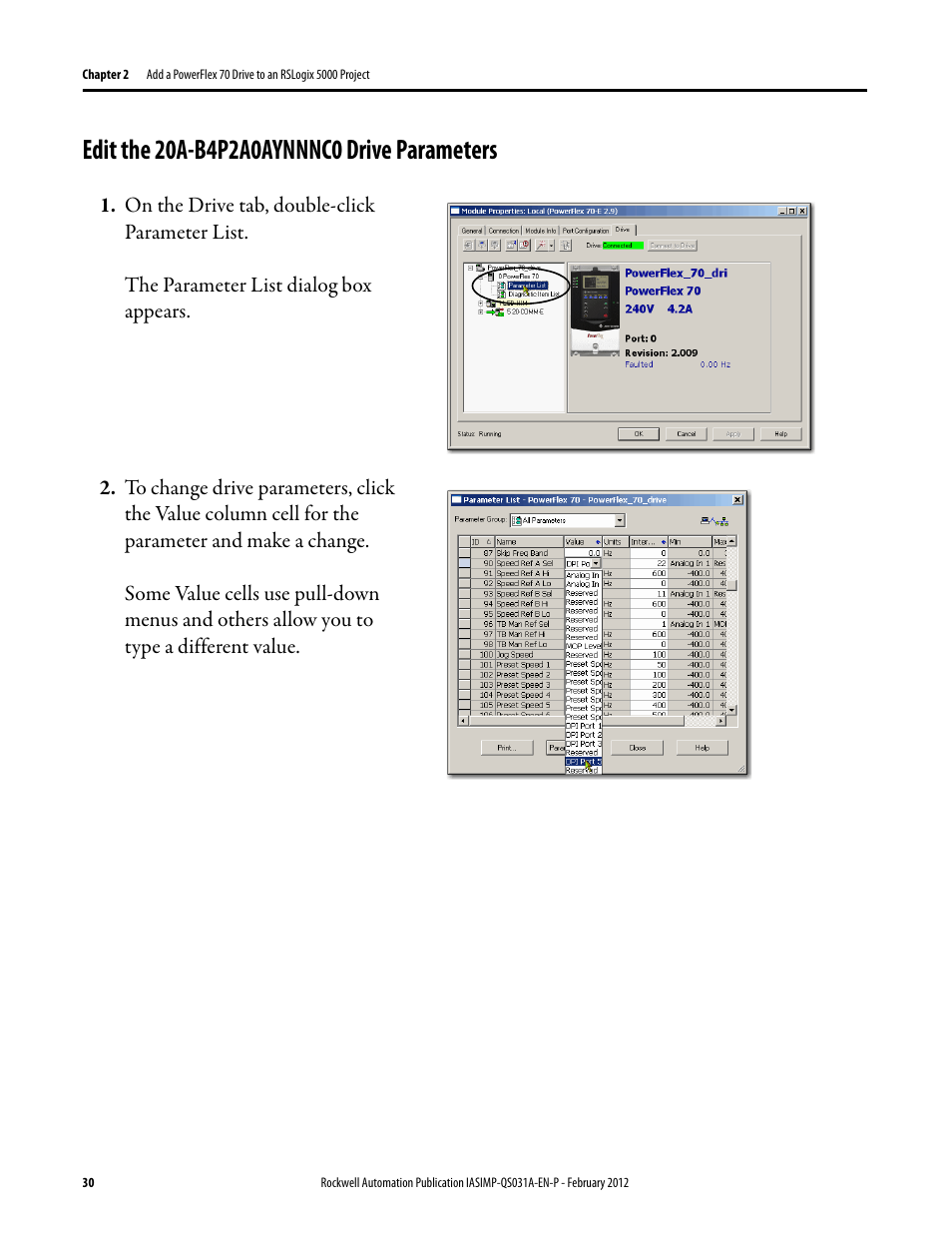 Edit the 20a-b4p2a0aynnnc0 drive parameters, Edit the 20a, B4p2a0aynnnc0 drive | Parameters | Rockwell Automation Logix5000 Control Systems: Connect PowerFlex 70 Drives over EtherNet/IP Quick Start User Manual | Page 30 / 40