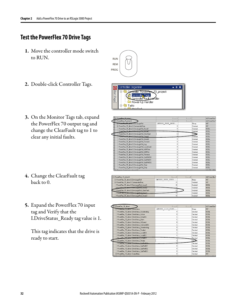 Test the powerflex 70 drive tags, Test the powerflex, 70 drive tags | Rockwell Automation Logix5000 Control Systems: Connect PowerFlex 70 Drives over EtherNet/IP Quick Start User Manual | Page 32 / 40