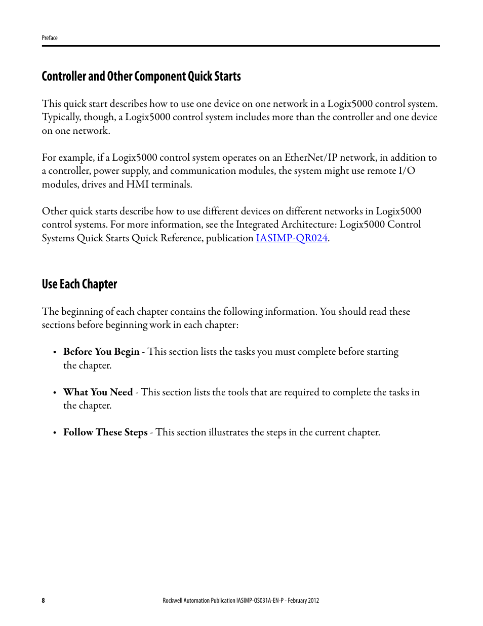 Controller and other component quick starts, Use each chapter | Rockwell Automation Logix5000 Control Systems: Connect PowerFlex 70 Drives over EtherNet/IP Quick Start User Manual | Page 8 / 40