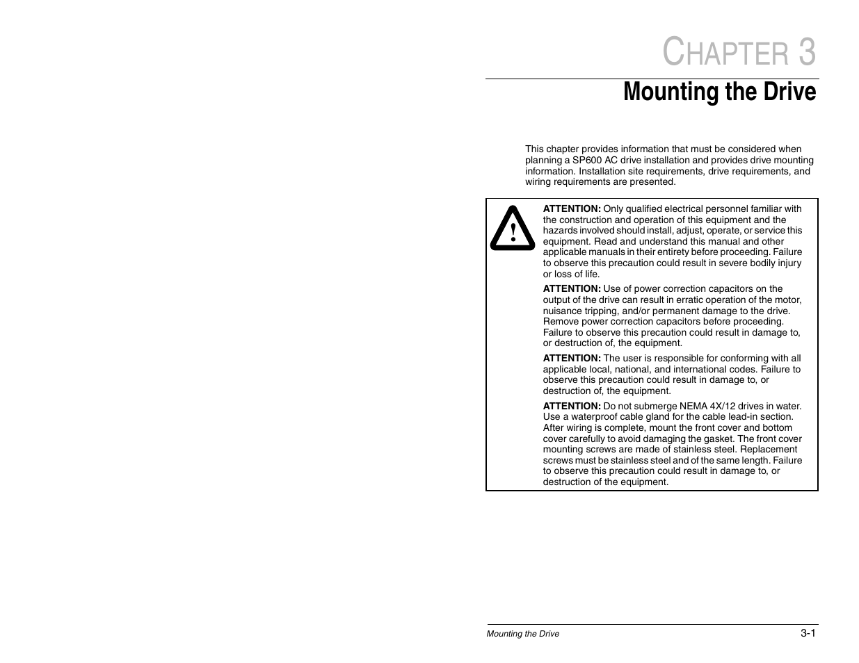 Hapter, Mounting the drive | Rockwell Automation SP600 AC Drive User Manual Version 1.0 User Manual | Page 39 / 300