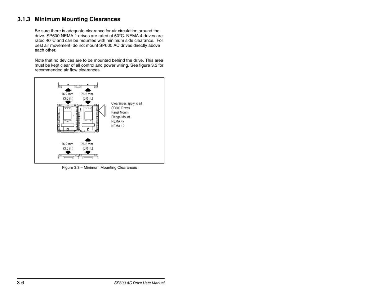 3 minimum mounting clearances | Rockwell Automation SP600 AC Drive User Manual Version 1.0 User Manual | Page 44 / 300