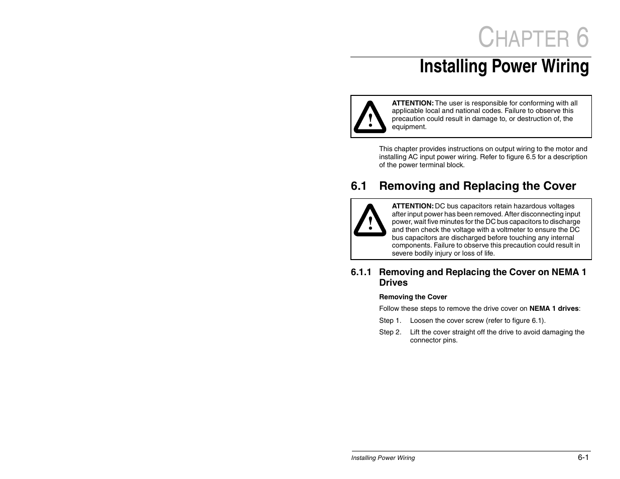 Hapter, Installing power wiring | Rockwell Automation SP600 AC Drive User Manual Version 1.0 User Manual | Page 71 / 300