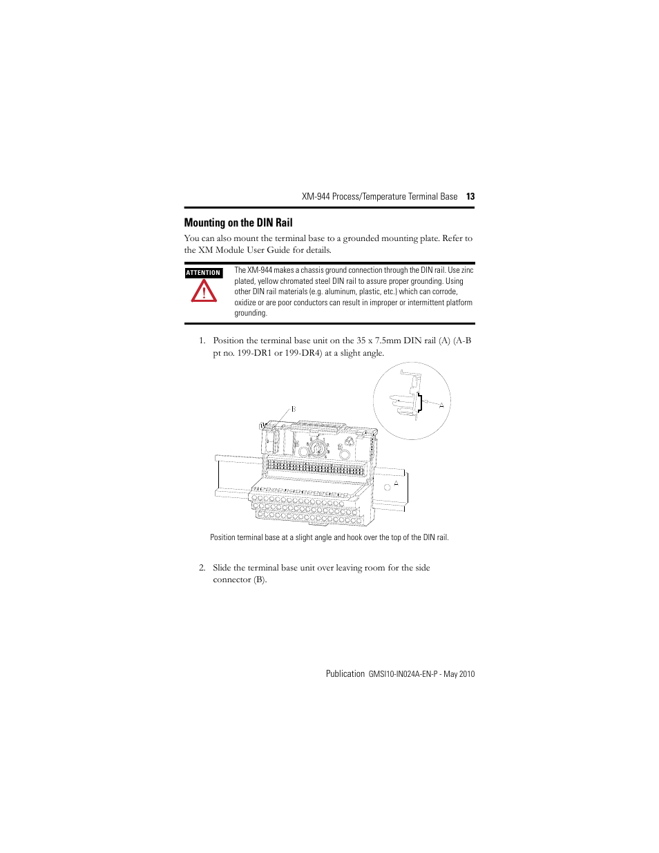 Mounting on the din rail | Rockwell Automation 1440-TB-E XM-944 Process/Temperature Terminal Base User Manual | Page 13 / 24