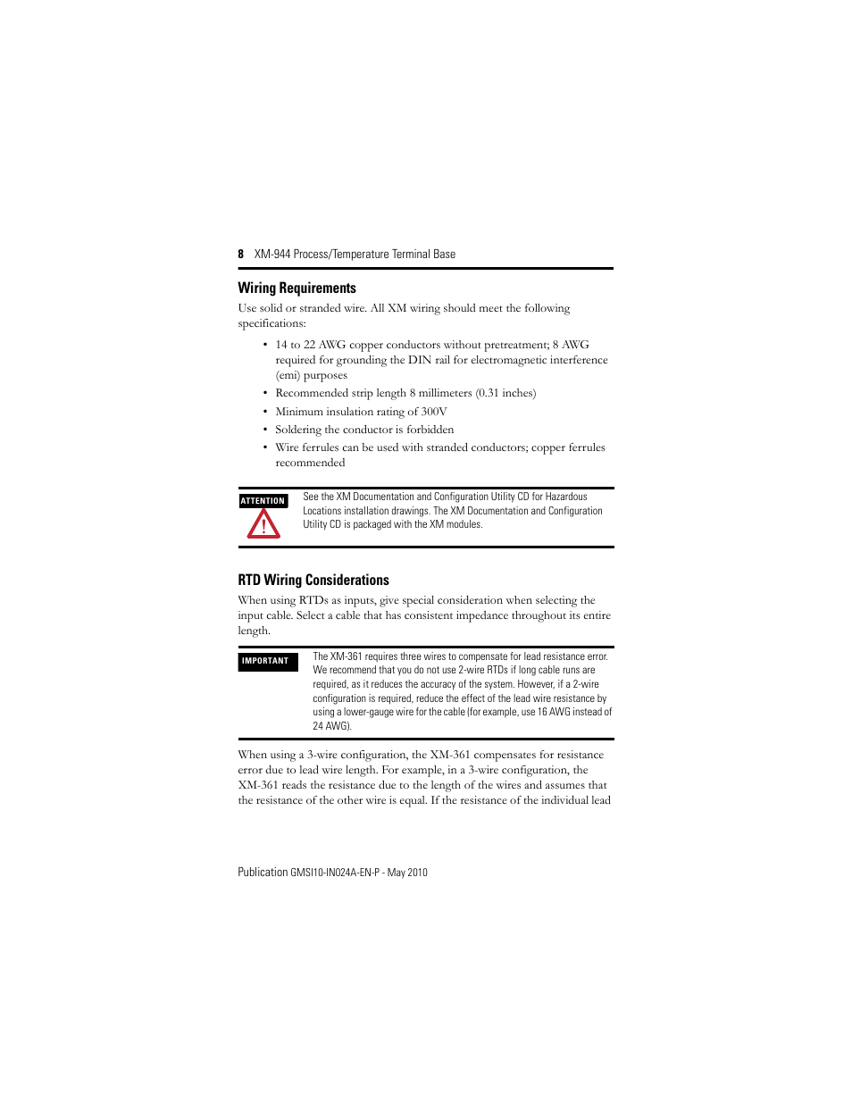 Wiring requirements, Rtd wiring considerations | Rockwell Automation 1440-TB-E XM-944 Process/Temperature Terminal Base User Manual | Page 8 / 24