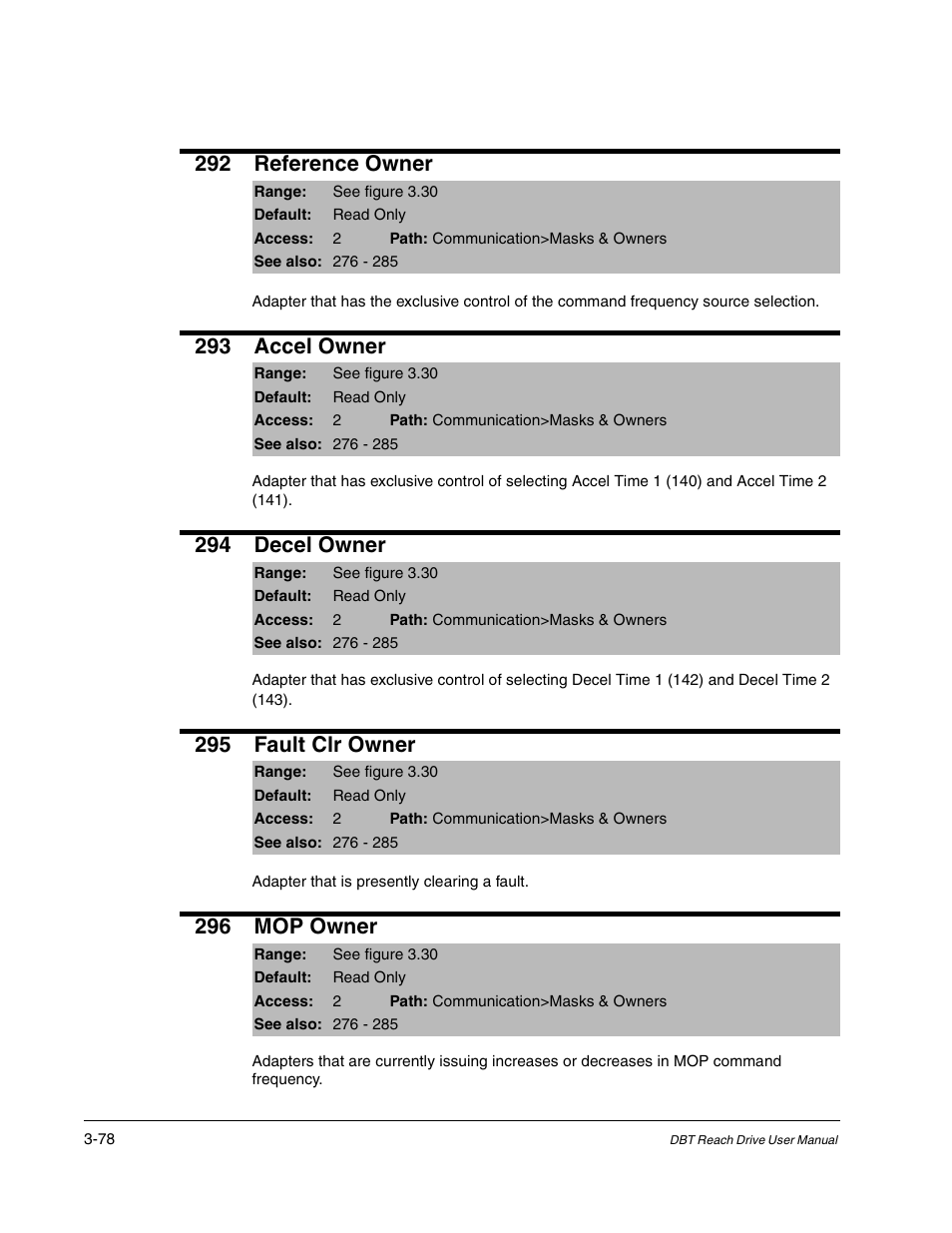 292 reference owner, 293 accel owner, 294 decel owner | 295 fault clr owner, 296 mop owner | Rockwell Automation Liqui-Flo DBT Reach Drive User Manual | Page 104 / 248