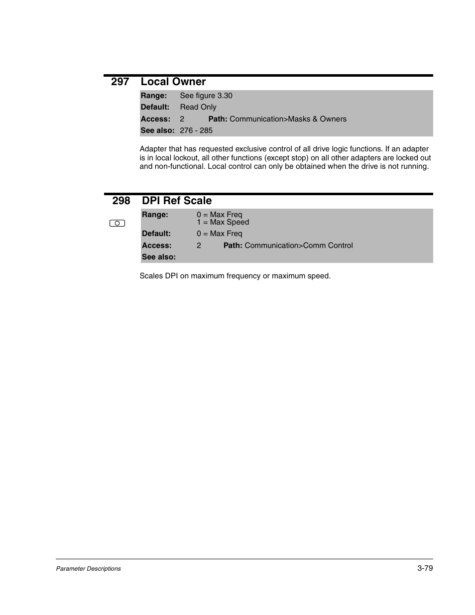 297 local owner, 298 dpi ref scale | Rockwell Automation Liqui-Flo DBT Reach Drive User Manual | Page 105 / 248